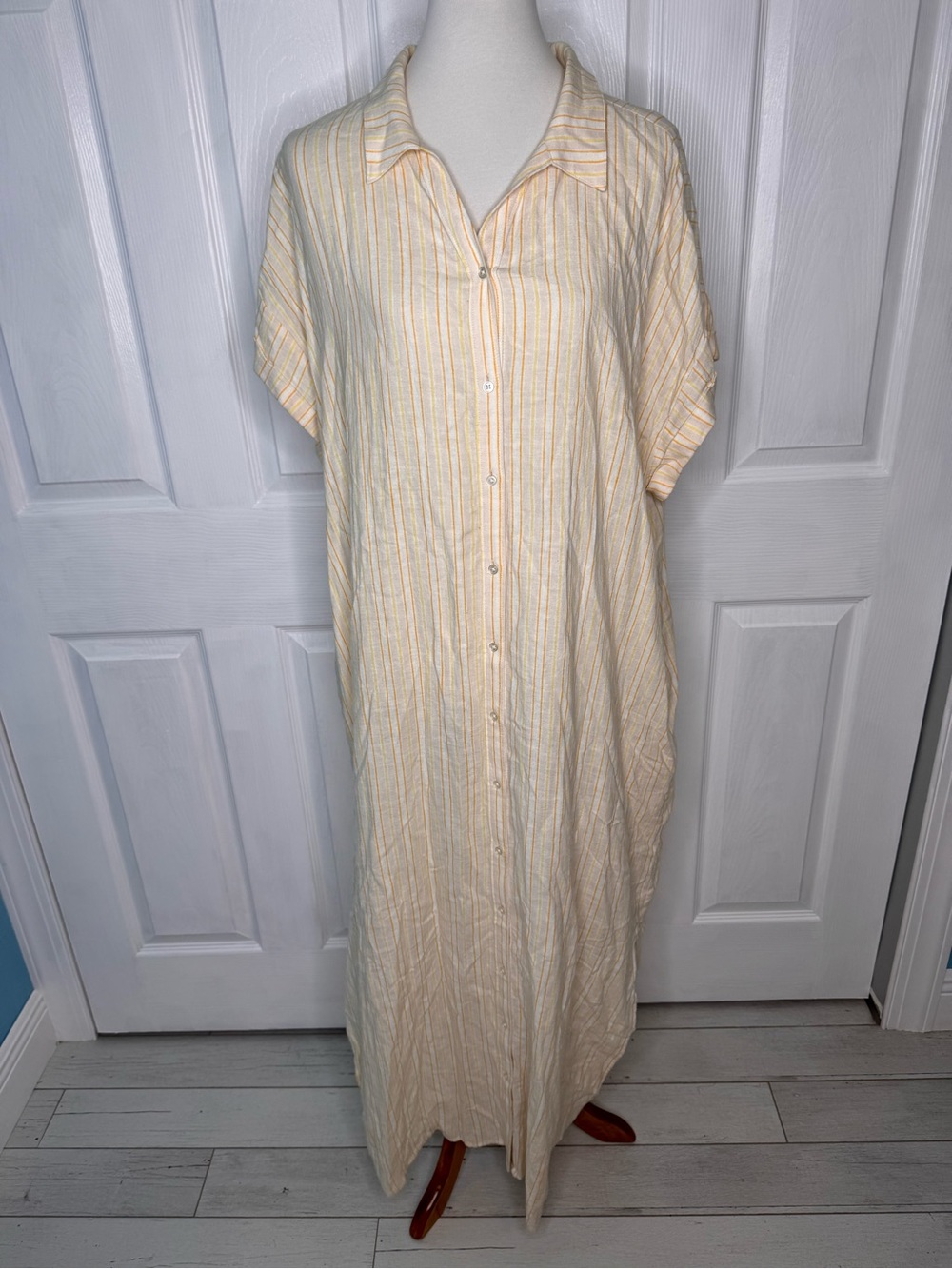 LOFT Linen Blend Maxi Shirt Dress Sz XL Minimalist Boho Striped Beige Yel/Org